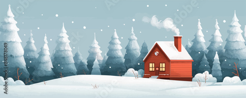 Cozy winter cabin nestled in a snowy forest, with smoke curling from the chimney. Vector flat minimalistic isolated