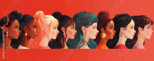 International Womenâ?Ts Day, 8 March. Women diversity concept. Group of multiethnic female characters. Portraits of beautiful caucasian, asian, black, latina girls together. Vector
