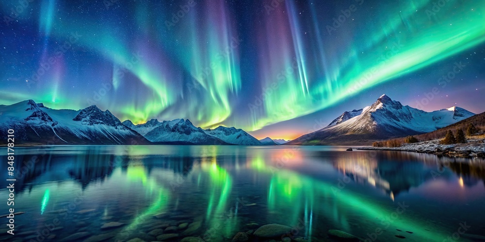 Northern Lights dancing over a tranquil lake, illuminating the snowy mountains and starry sky , Aurora borealis