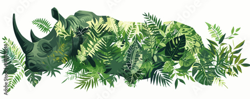Muzzle of rhinoceros profile silhouette with leaves of tropical vegetation of exotic forests. The concept of protecting animals and forest environment. vector simple