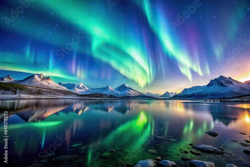 Northern Lights dancing over a tranquil lake with a backdrop of snowy mountains and a starry night sky, Aurora borealis