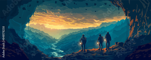 Silhouettes of miners in a helmet with lanterns in a dark cave exploration and geological work, coal mining, warm light. VECTOR SIMPLE