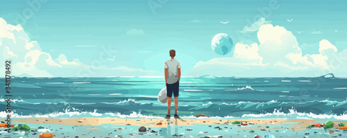 Man in eco-activist cape picks up trash on oceanfront, plastic problem on the planet, concern for cleanliness and the environment, climate change. vector simple illustration