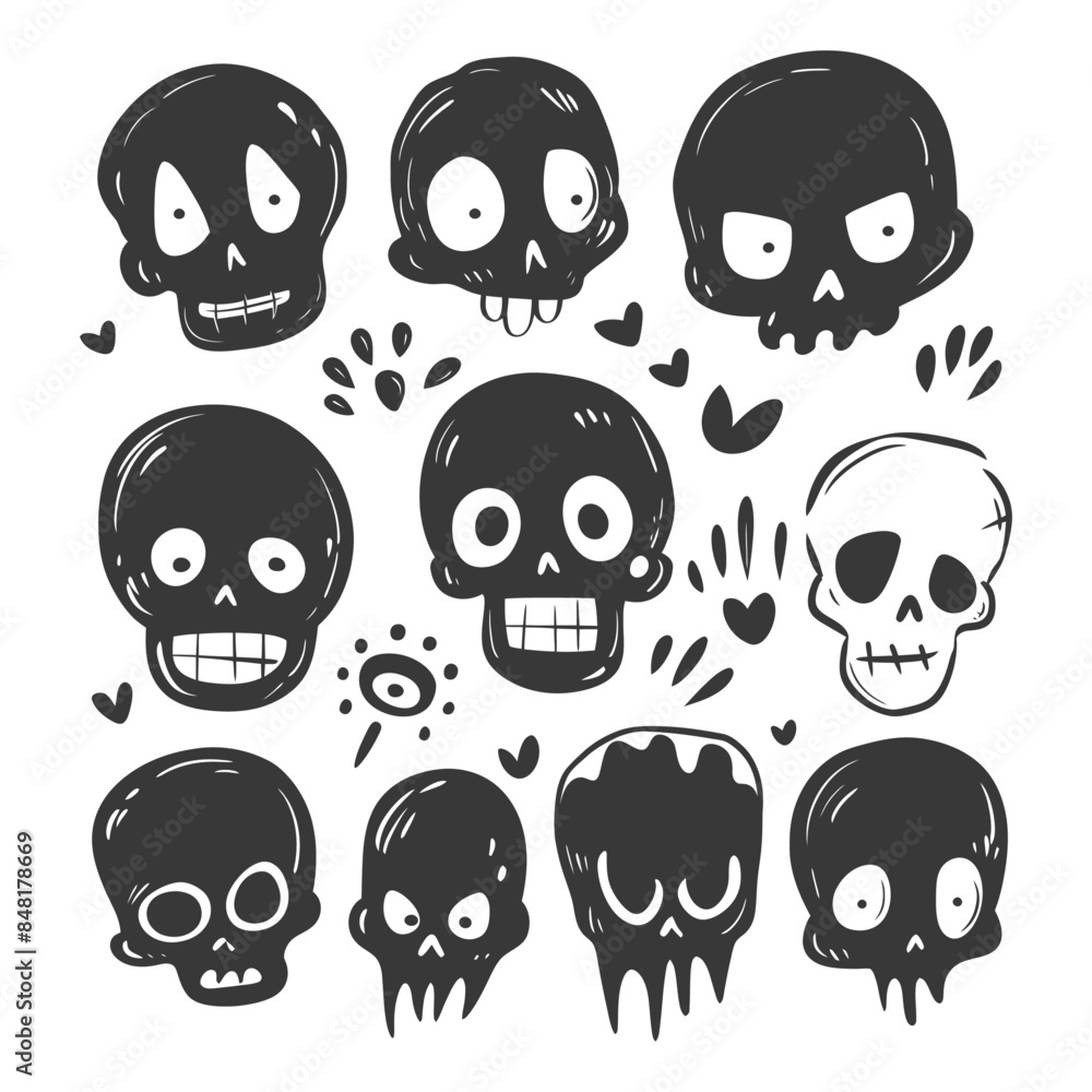 Obraz premium Cartoon Skull Collection: Playful Hand-Drawn Doodle Style, Black and White, Halloween Theme