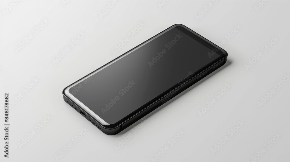 A black cell phone is laying on a white background A black cell phone is laying on a white background