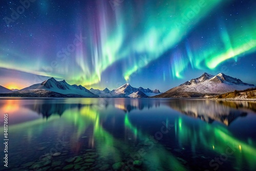 Northern Lights dancing over a tranquil lake with a backdrop of snowy mountains and a starry night sky, Aurora borealis
