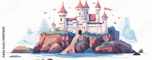 Fairy tale castle atop a rocky cliff, with turrets, battlements, and a drawbridge. Vector flat minimalistic isolated illustration