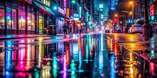 City street reflects neon lights during rain shower, rain, shower, city, street, canvas, reflected, neon lights, colorful © Woonsen