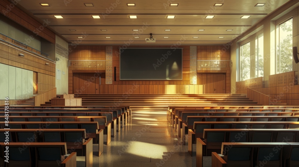 An empty auditorium with rows of seats and a podium. An empty auditorium with rows of seats and a podium.