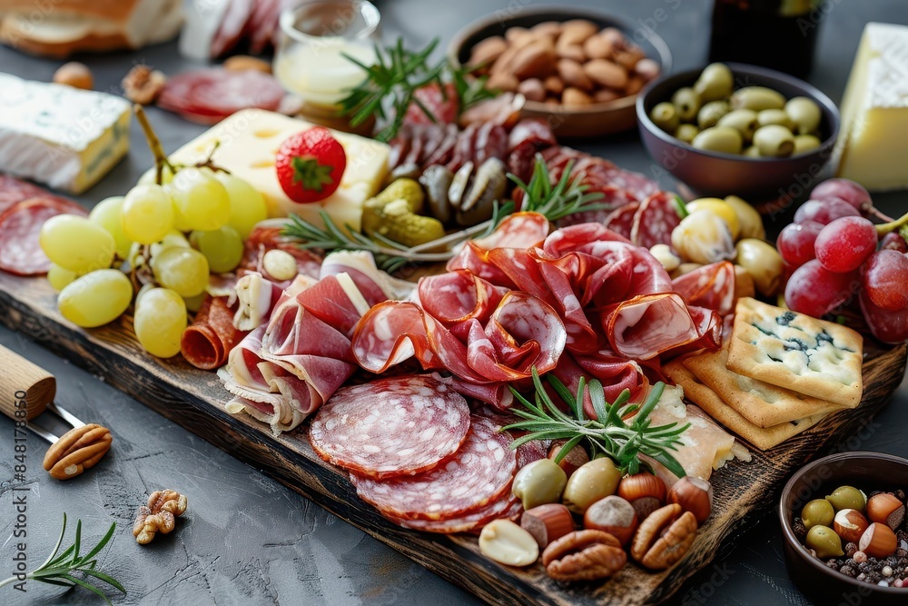 mouthwatering charcuterie board with assorted cured meats cheeses fruits and nuts food photography mouthwatering charcuterie board with assorted cured meats cheeses fruits and nuts food photography