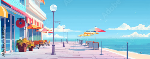 Peaceful seaside boardwalk lined with shops, cafes, and colorful beach umbrellas. Vector flat minimalistic isolated