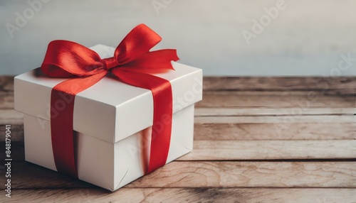 white gift box with red satin bow on rustic background - copy text space © dreambigger