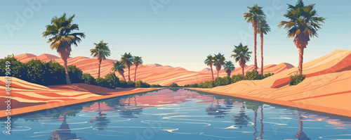 Desert oasis with palm trees, a shimmering pool, and sand dunes stretching to the horizon. Vector flat minimalistic isolated illustration.