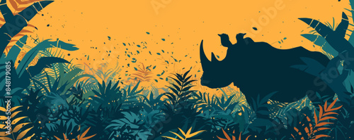 Muzzle of rhinoceros profile silhouette with leaves of tropical vegetation of exotic forests. The concept of protecting animals and forest environment. vector simple