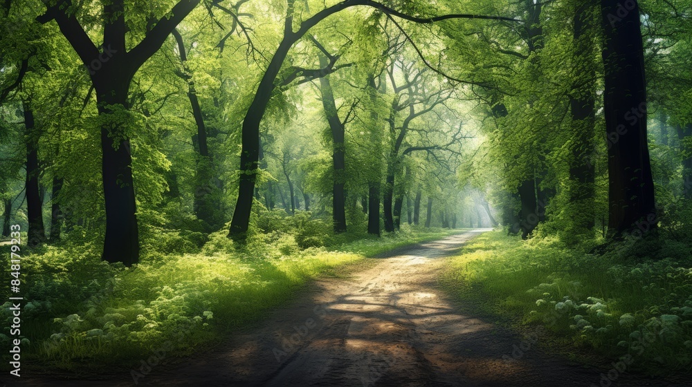 Obraz premium serene forest path bathed in soft, dappled sunlight, with a vibrant green undergrowth and a mystical glow emanating from within the trees.