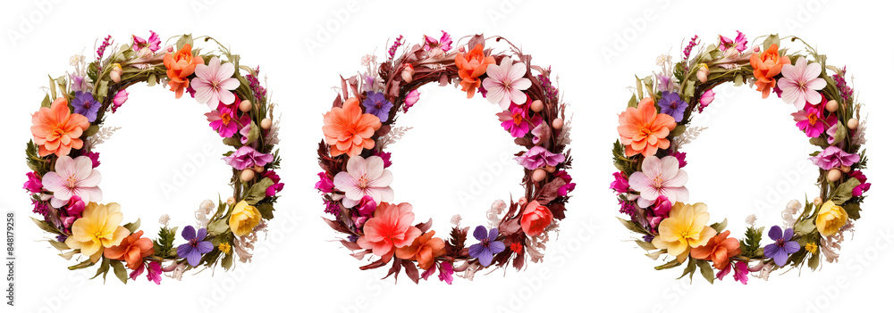 Flowers composition. Wreath made of various colorful flowers on transparent background. Easter, spring, summer concept. Flat lay, top view. Flowers composition. Wreath made of various colorful flowers on transparent background. Easter, spring, summer concept. Flat lay, top view.
