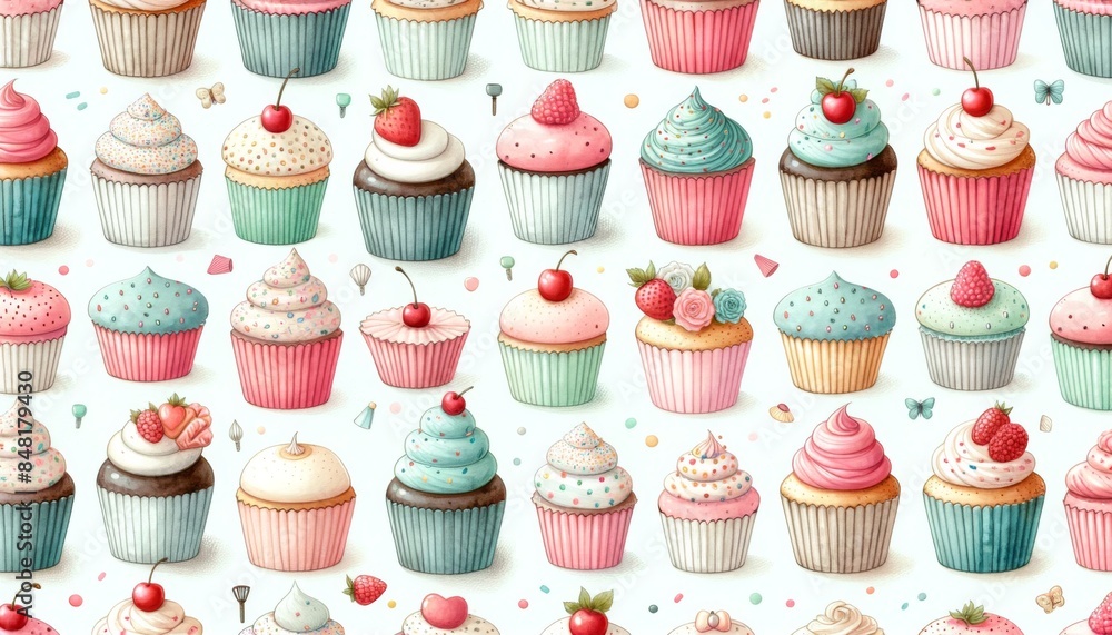 Pastel Cupcakes with Whimsical Decorations Pattern. Pastel Cupcakes with Whimsical Decorations Pattern.