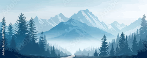 Mystical mountain shrine hidden among misty peaks, with ancient statues and sacred symbols. Vector flat minimalistic isolated illustration.