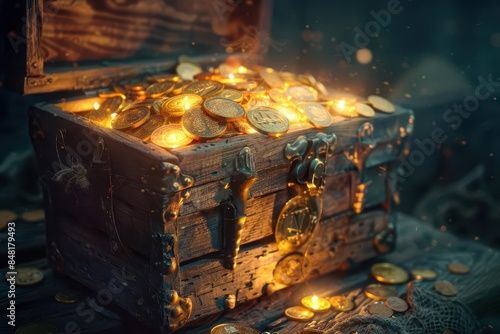 mysterious ancient wooden treasure chest with gold and coins adventure concept photo