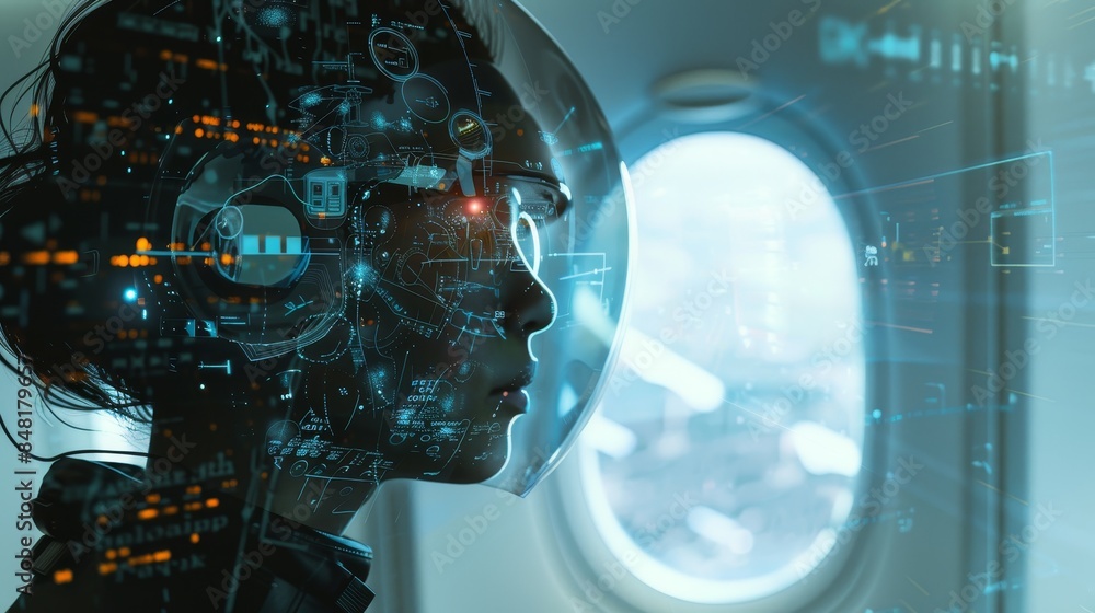 Fototapeta premium Profile of a person wearing an advanced augmented reality helmet inside an aircraft, symbolizing future technology and innovation