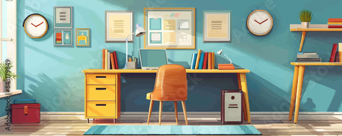 Student desk desk with books, kid room, table for study. vector simple illustration