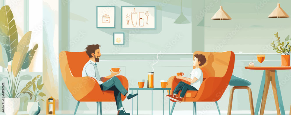 Happy father and son enjoying in breakfast while staying in hotel. Vector flat minimalistic isolated illustration Happy father and son enjoying in breakfast while staying in hotel. Vector flat minimalistic isolated illustration