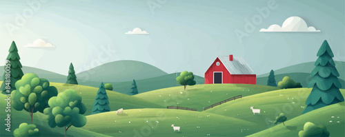 Tranquil countryside farmstead nestled among rolling hills, with grazing livestock and a red barn. Vector flat minimalistic isolated illustration.