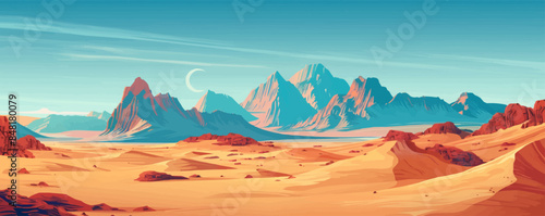 Desert landscape with rocky formations and drifting sand dunes. Vector flat minimalistic isolated illustration.