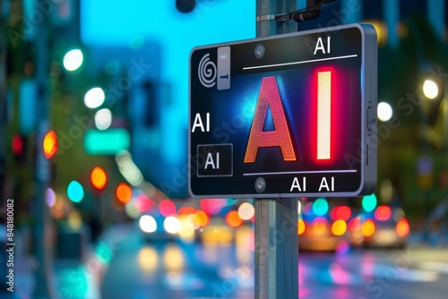 AI Street Sign at Night with Colorful Bokeh Background, Urban Digital Innovation, Modern City Technology