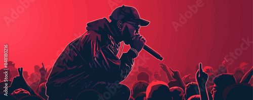 Classic rapper with a microphone. Image of an artist in a characteristic outfit, performing his hits in front of an audience. Vector flat minimalistic isolated illustration