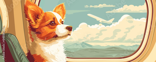 Happy dog â?<â?<on board the plane looks out the window at the clouds, transportation of animals on the seat of the aircraft, safety of dogs. vector simple illustration