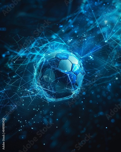 A glowing soccer ball surrounded by dynamic blue  digital effects, symbolizing energy, technology, and the excitement of modern sports