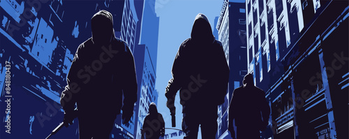 Street cyber gangs and cyber ninjas hiding in the shadows of ominous buildings and technogravitational tunnels. Vector flat minimalistic isolated illustration.