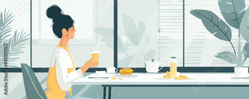 Happy mother enjoying in breakfast at hotel restaurant, Vector flat minimalistic isolated illustration
