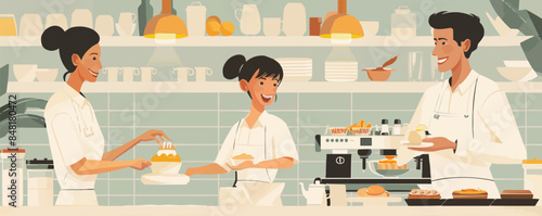 Happy family enjoying in buffet breakfast in hotel. Vector flat minimalistic isolated illustration