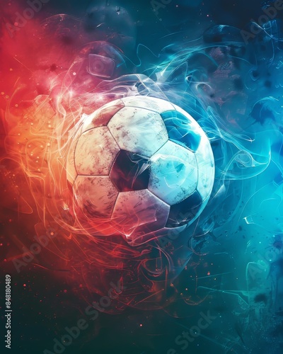 Futuristic glowing soccer ball with digital and red and blue neon effects, creating a dynamic and high-tech sports scene, perfect for technology, sports, and innovation concepts, poster