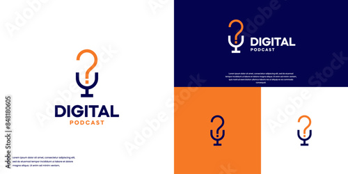podcast logo with microphone and question mark combination, conversation, logo design vector.