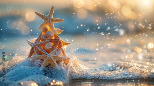 A creative beach Christmas tree made of starfish and shells, adorned with lights, shines brightly on the sandy shore at sunset. Christmas in july photo