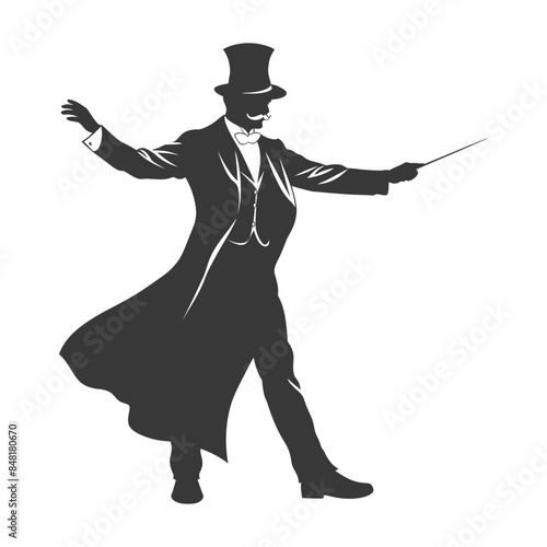 Silhouette of a Victorian Conductor with Baton and Top Hat.