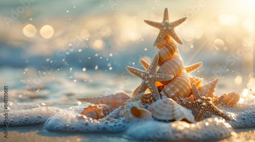 A creative beach Christmas tree made of starfish and shells, adorned with lights, shines brightly on the sandy shore at sunset. Christmas in july photo