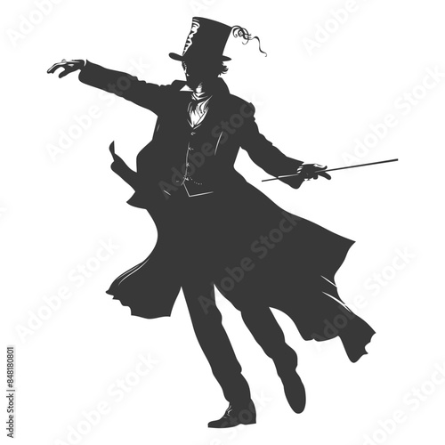 Victorian Magician Silhouette: Top Hat, Coat, Wand, Gesture.