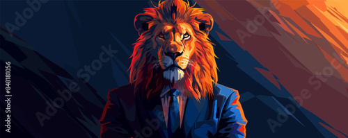 Business portrait of a lion man in a business suit on a dark background, the energy of a leader and leader, strength and confidence, the beast. vector simple illustration