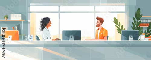 Happy receptionists cooperating while working on computer at hotel front desk. Vector flat minimalistic isolated