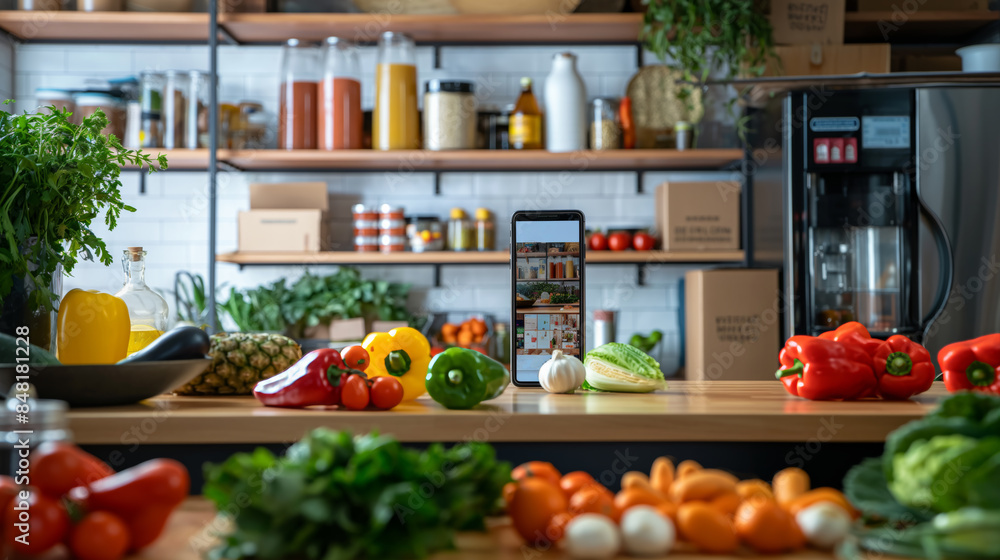 A smartphone displaying a grocery shopping app on a kitchen counter surrounded by fresh vegetables like bell peppers, garlic, and cabbage. Shelves with various grocery items are in the background. A smartphone displaying a grocery shopping app on a kitchen counter surrounded by fresh vegetables like bell peppers, garlic, and cabbage. Shelves with various grocery items are in the background.