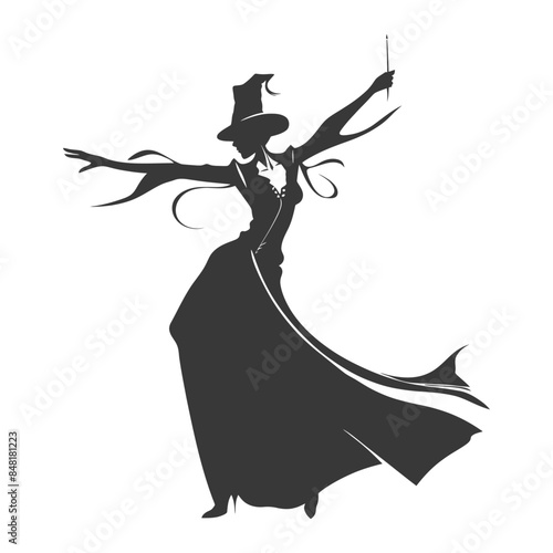 Elegant Witch Silhouette: Dynamic Pose, Spellcasting with Wand, Flowing Robe.
