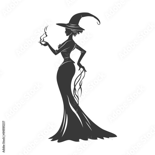 Elegant Witch Silhouette: Potion, Flowing Dress, Vintage Halloween.