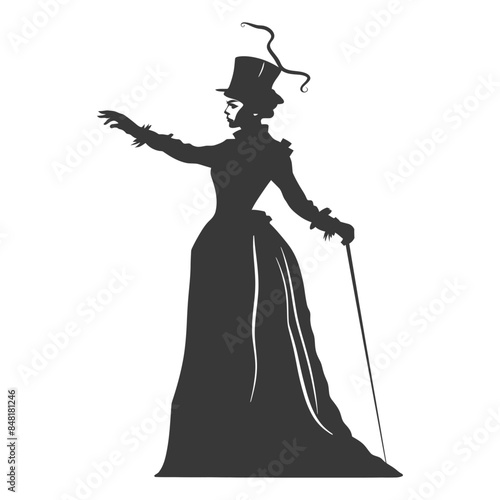 Silhouette: Victorian Lady with Top Hat and Cane, Gesturing.