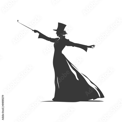 Silhouette of Victorian woman in top hat pointing with baton, elegant vintage posture.