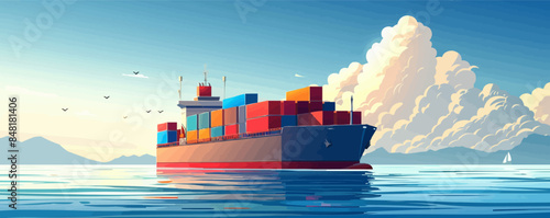 Cargo ship with containers cartoon Vector flat minimalistic isolated illustration