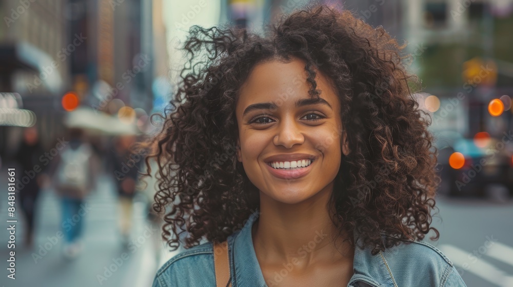 Photograph of a young woman with curly hair walking down a busy city street Photograph of a young woman with curly hair walking down a busy city street